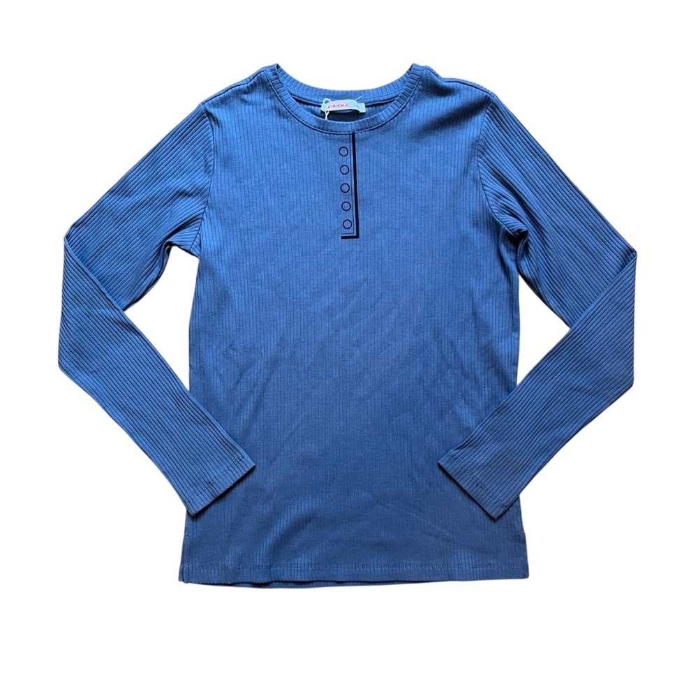 Kidichic Girls Henley Printed Blue Ribbed Long Sleeve T-Shirt Size 14 NWT